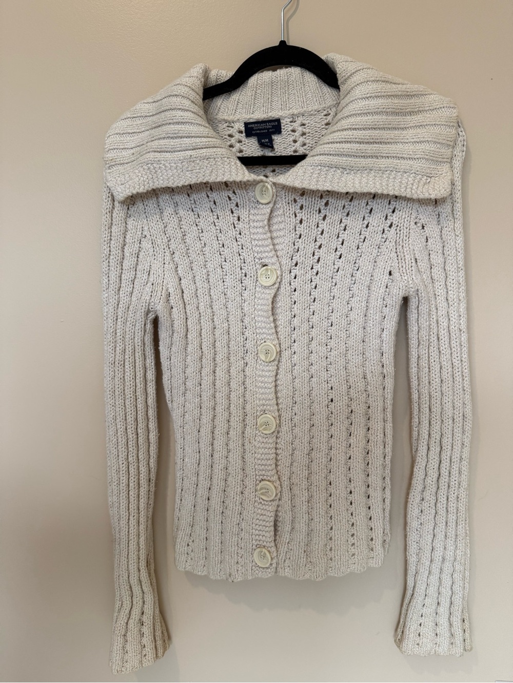 American Eagle Outfitters Cream Ribbed Button-Up Shawl Collar Cardigan